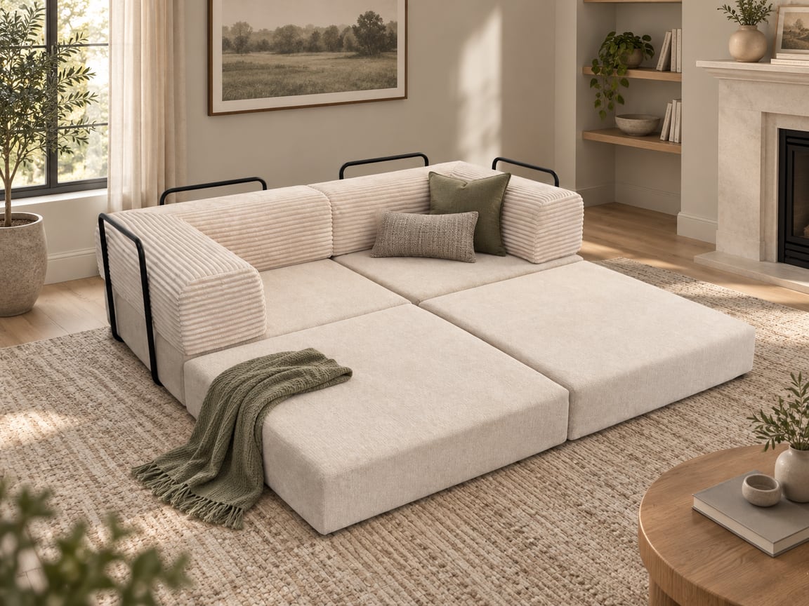White boneless couch in a warm, light-filled living room.