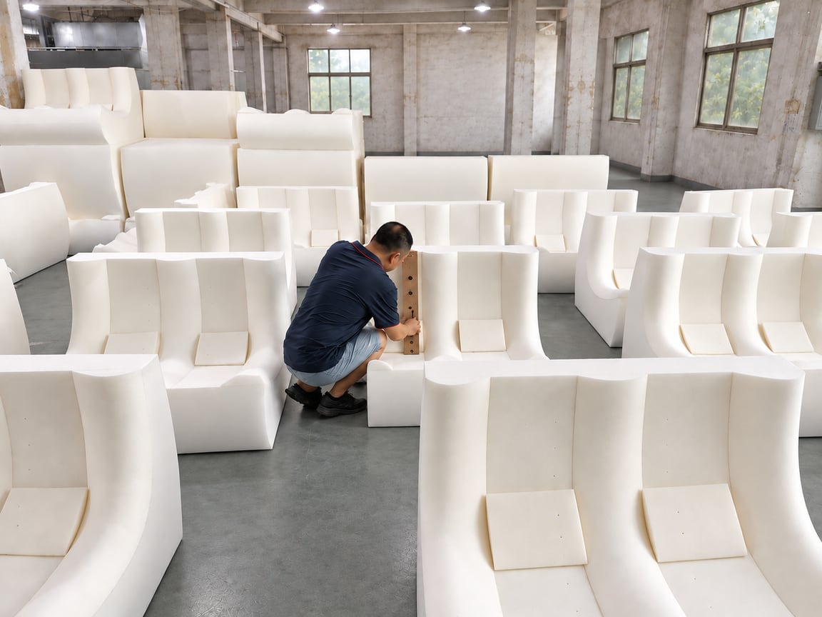 Worker checking foam sofa components during the manufacturing process.