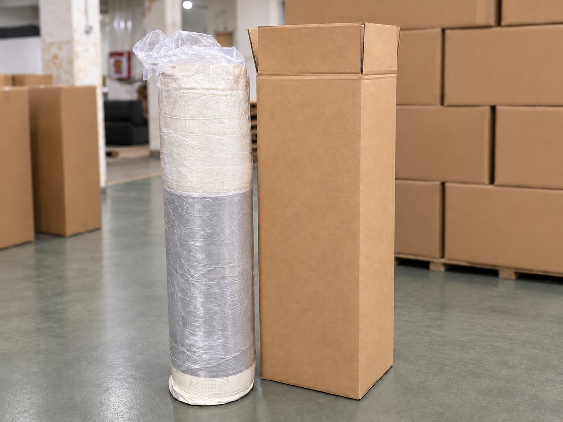 A compression-wrapped furniture roll beside its protective shipping carton.