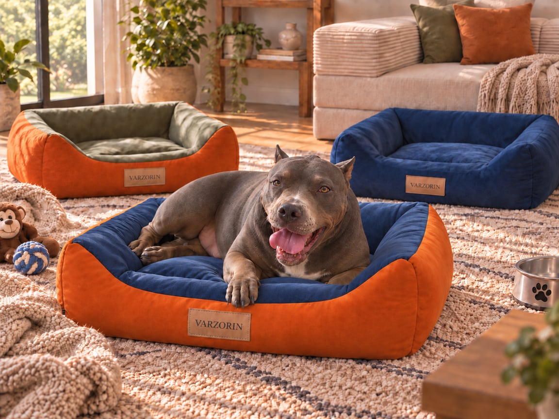 Dog relaxing on an orange and blue pet bed in a modern living room.