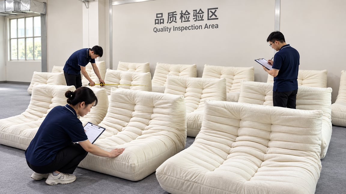 Staff measuring and inspecting upholstered sofas in a quality inspection area.