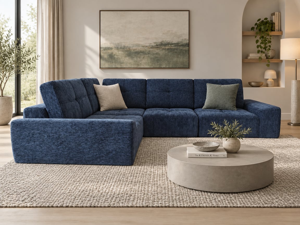 Blue modular boneless couch in a minimal contemporary living room.